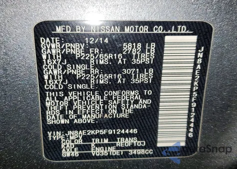 2015 Nissan Quest 3.5 Sv from USA, damaged, VIN JN8AE2KP5F9124446